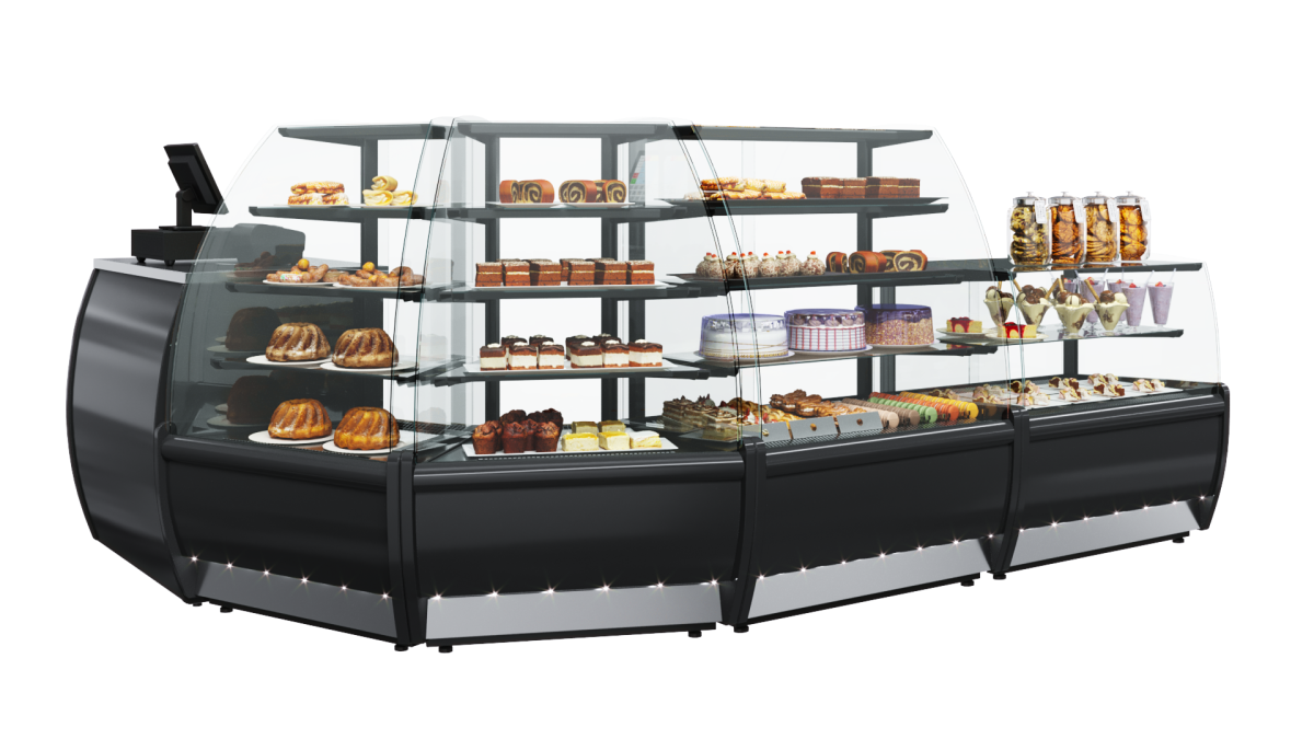 Витрина кондитерская CARBOMA холодильная K70 VH 1,3-1 LIGHT Chocolate цвет по схеме (стандарт, пластик 0011 (серый))